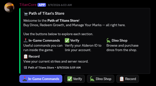 The TitanCore store panel in Discord, with In-Game Commands, Verify, Dino Shop and Record buttons